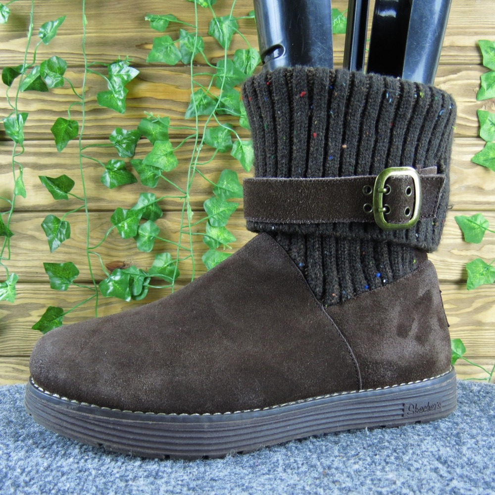 Skechers Women 8.5‎ Brown Suede Knit Cuff Ankle Boots Buckle Cozy Casual Comfort